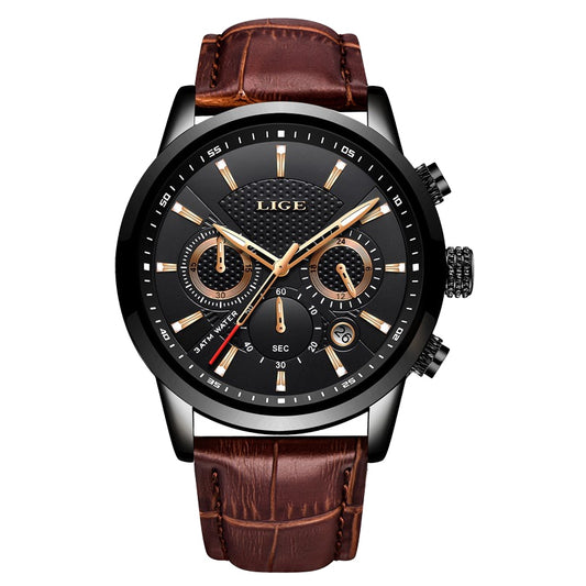 LIGE Official Men's Waterproof Leather Watch with Box